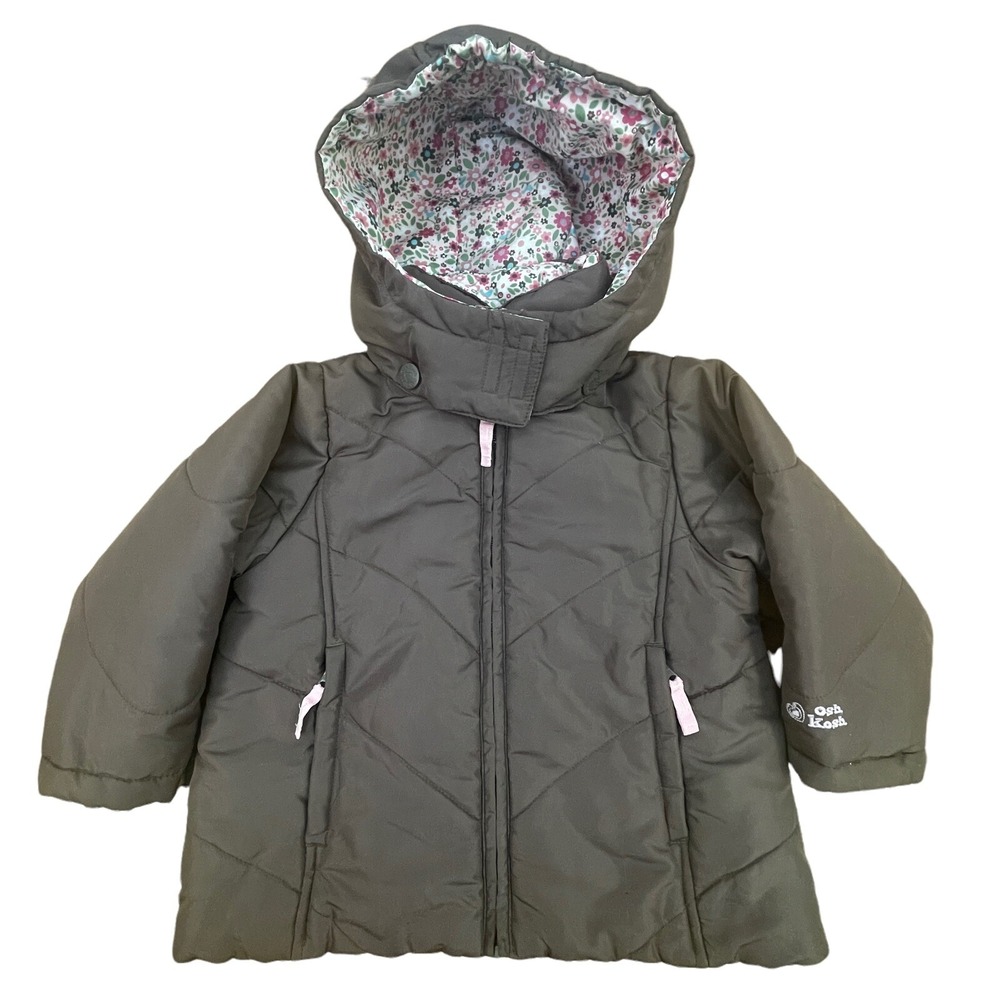 Oshkosh Girls Winter Peacoat‎ Brown/Pink Size 4 Hooded Jacket Removable Hood
